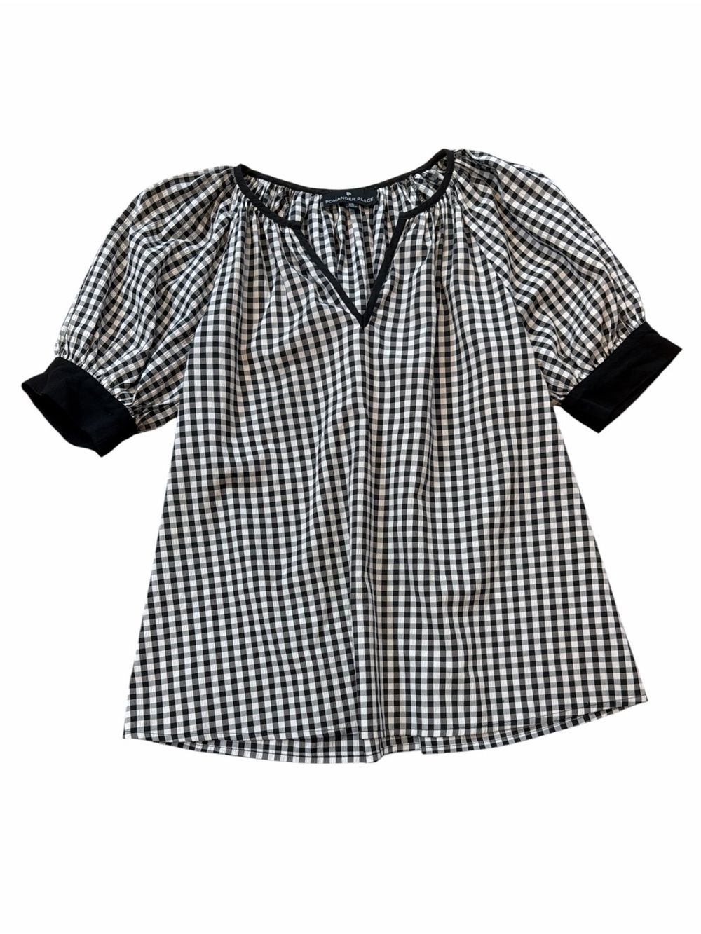 Pomander Place Tuckernuck Black & White Gingham Short Sleeve Peasant Top